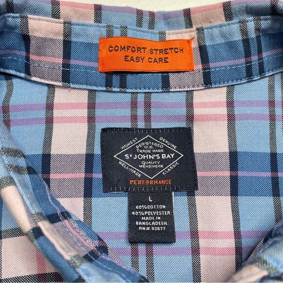 St. John’s Bay Comfort Stretch Easy Care Pink Blue Plaid Button Down Shirt L - Picture 6 of 7